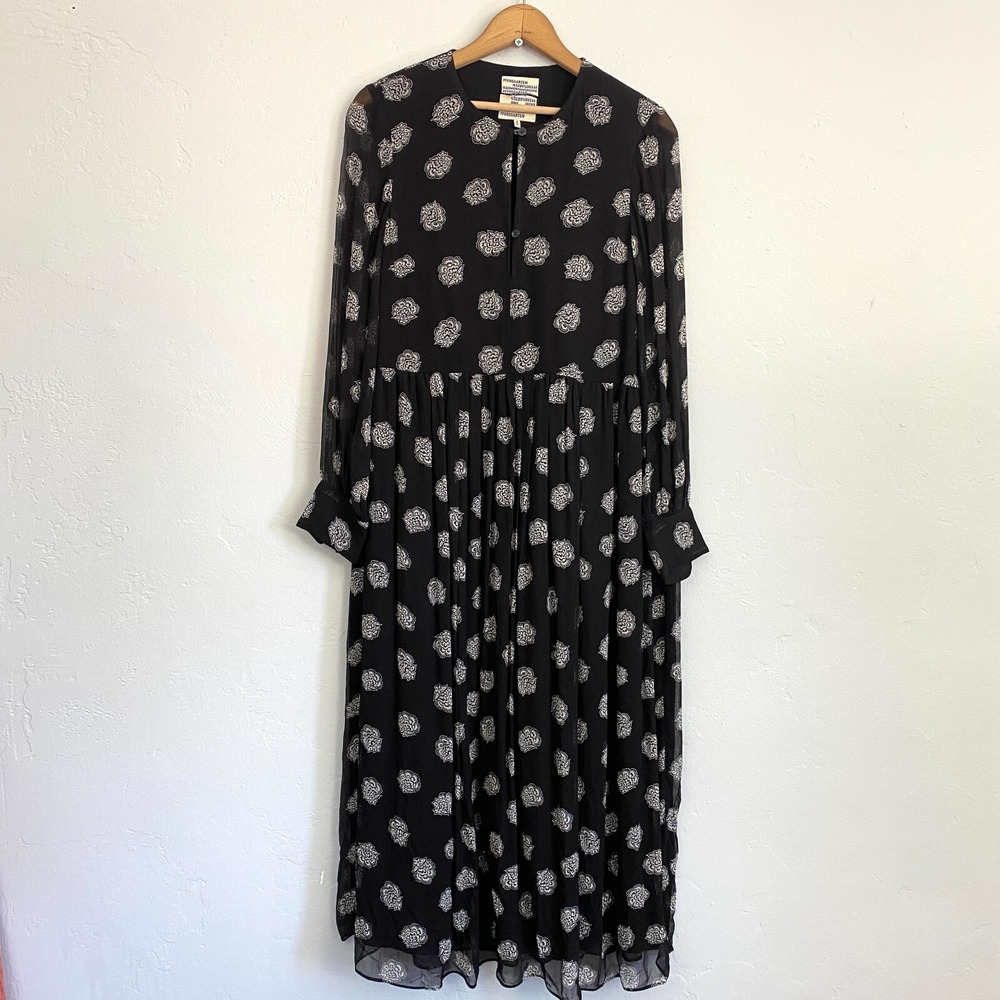 Black Floral Midi Dress - Lightweight Long Sleeve